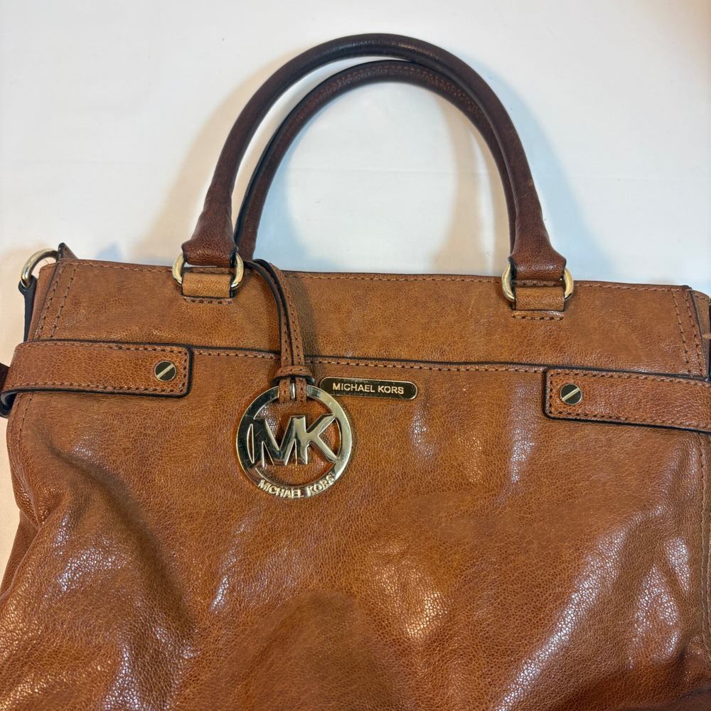 Michael Kors Brown Leather Satchel Bag Gold Hardware MK Medallion Logo